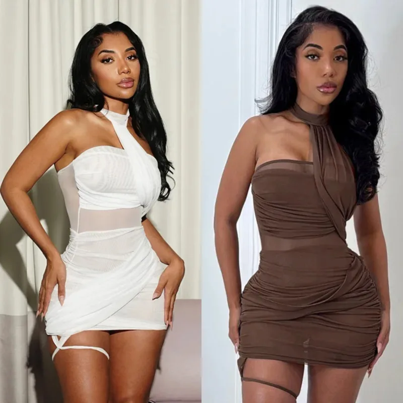 Sexy Sheer Mesh Asymmetric Mini Dress Trendy Halter Neck Backless Smocked Bodycon Dress Fashion Women's Party Club Fitted Dress
Sexy Sheer Mesh Asymmetric Mini Dress Trendy Halter Neck Backless Smocked Bodycon Dress Fashion Women's Party Club Fitted Dress
