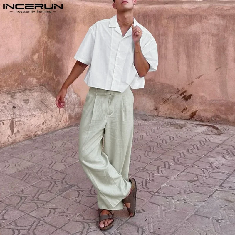 Мужские комплекты INCERUN, модные костюмы-двойки, рубашки с короткими рукавами, длинные брюки, широкие брюки, топы, уличная одежда, винтажные мужские повседневные костюмы
Мужские комплекты INCERUN, модные костюмы-двойки, рубашки с короткими рукавами, длинные брюки, широкие брюки, топы, уличная одежда, винтажные мужские повседневные костюмы