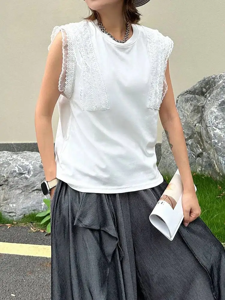 Women White Lace Spliced Plain Color Casual T-shirt New Round Neck Sleeveless Fashion Tide Spring Summer
Women White Lace Spliced Plain Color Casual T-shirt New Round Neck Sleeveless Fashion Tide Spring Summer