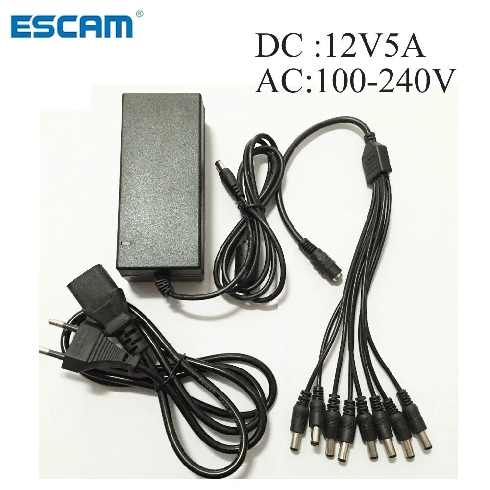 DC 12V 5A Power Supply Adapter + 8 Split Power Cable for CCTV Security Camera DVR Analog AHD TVI CVI camera DVR Systems
DC 12V 5A Power Supply Adapter + 8 Split Power Cable for CCTV Security Camera DVR Analog AHD TVI CVI camera DVR Systems