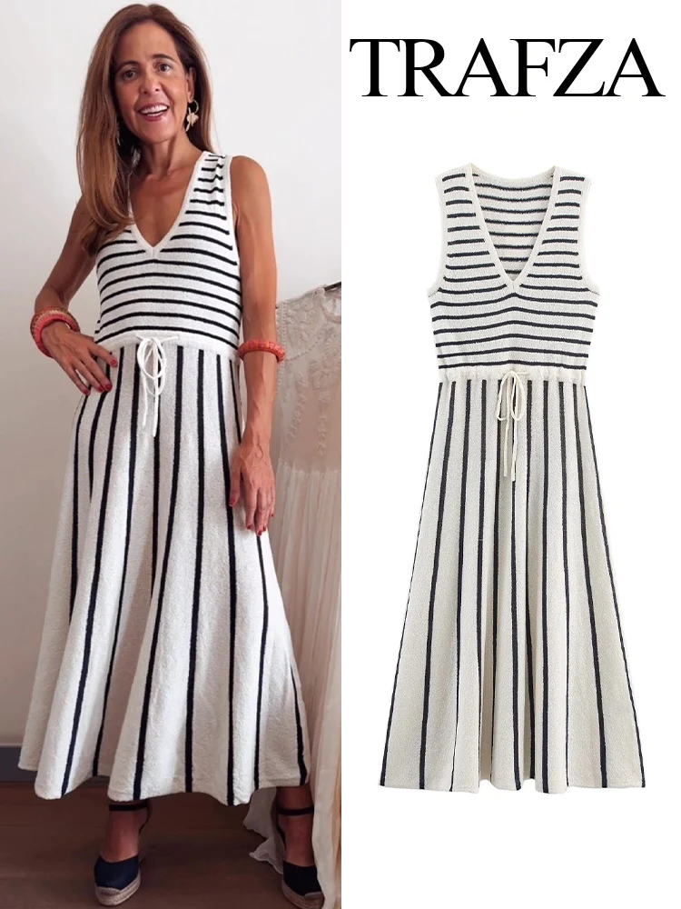 TRAFZA Women's Fashion V-neck Vintage Striped Trimming Knitted Dress Female Elegant High Street Casual Lace-up Sleeveless Dress
TRAFZA Women's Fashion V-neck Vintage Striped Trimming Knitted Dress Female Elegant High Street Casual Lace-up Sleeveless Dress