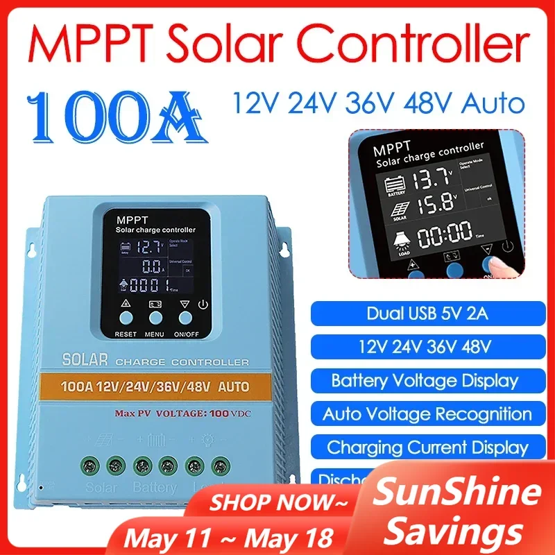 Солнечный контроллер MPPT 100A, 12 В/24 В/36 В/48 В, автоматическая идентификация, светодиодный дисплей, контроллер солнечной зарядки для универсального аккумулятора 
Солнечный контроллер MPPT 100A, 12 В/24 В/36 В/48 В, автоматическая идентификация, светодиодный дисплей, контроллер солнечной зарядки для универсального аккумулятора