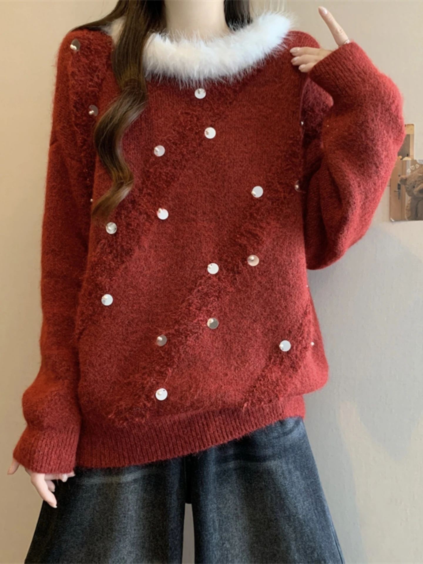 Red Splicing Knitted Sweater Women's Spring Autumn plus Size Shiny Sequins Top for Plump MM Comfortable Soft Korean Style
Red Splicing Knitted Sweater Women's Spring Autumn plus Size Shiny Sequins Top for Plump MM Comfortable Soft Korean Style