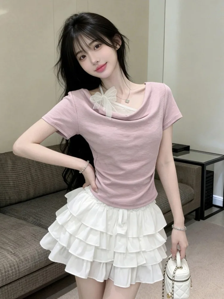 Summer New Design Lace Splicing Swing Collar Waist in T-Shirt Cake Skirt Two-Piece Set Women's Fashion Korean Style Slim Fit
Summer New Design Lace Splicing Swing Collar Waist in T-Shirt Cake Skirt Two-Piece Set Women's Fashion Korean Style Slim Fit