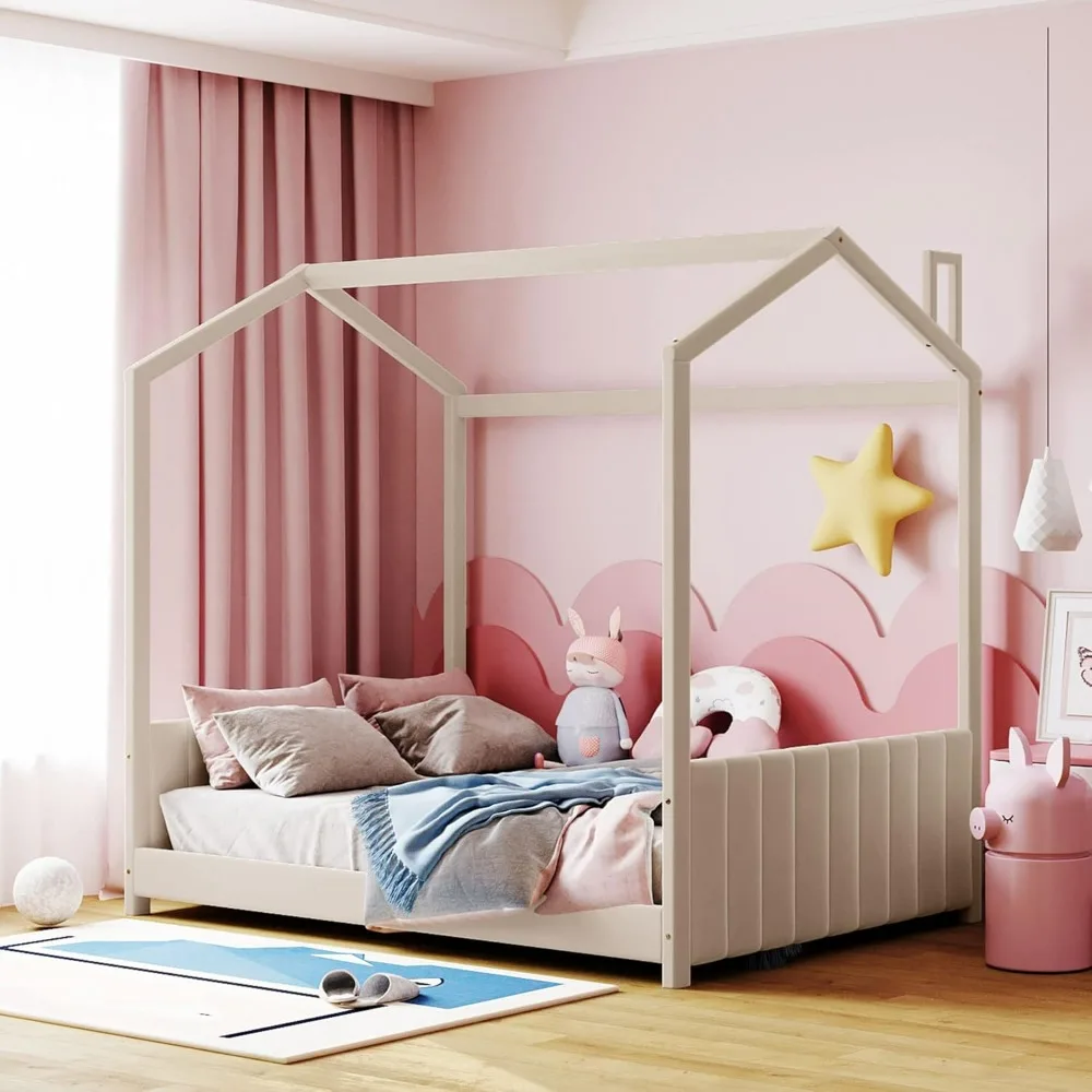 Full Size Princess House Bed with Velvet Fabric Upholstered Tufted Headboard and Footboard Kids House Bed Frame with Roof Design
Full Size Princess House Bed with Velvet Fabric Upholstered Tufted Headboard and Footboard Kids House Bed Frame with Roof Design