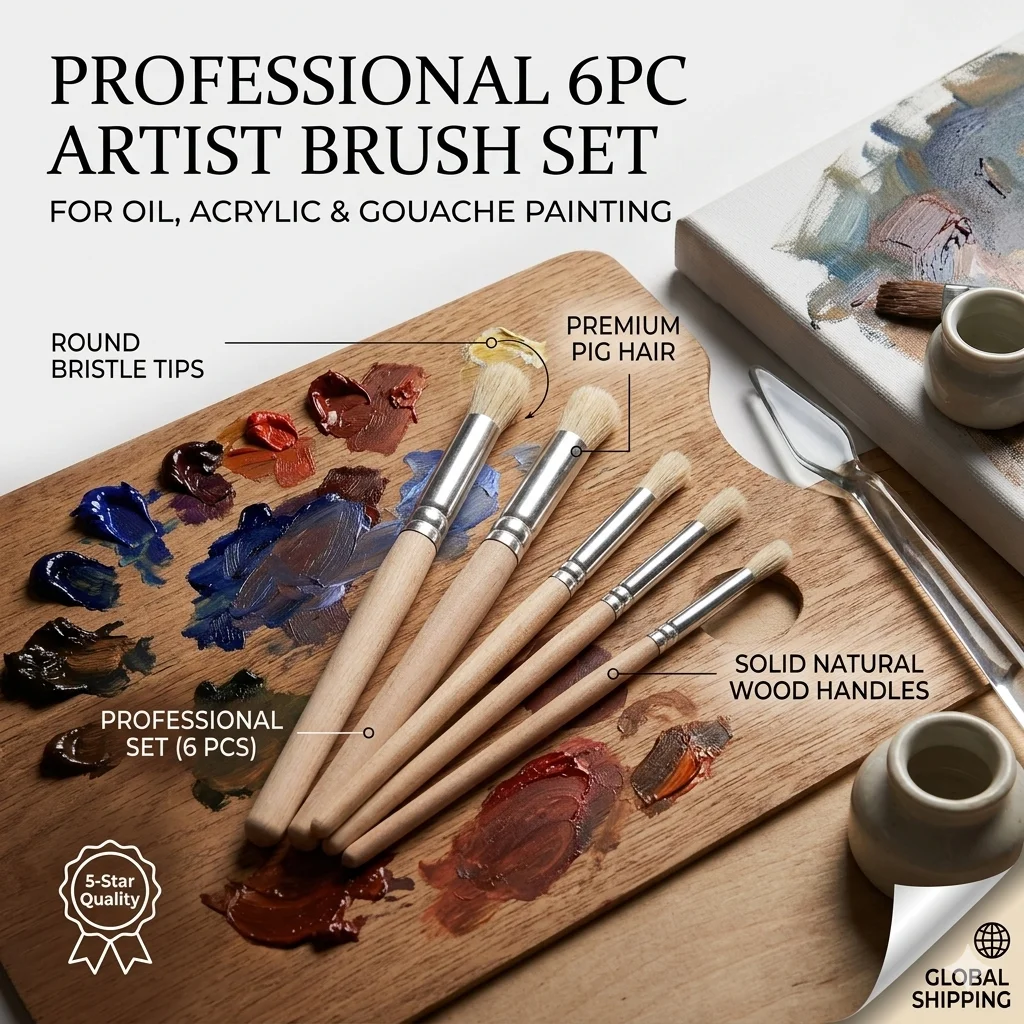 6-pack Piggy Mane Oil Painting Brush Round Head Wooden Handle Hard Hair Set Paint Brush Pier Pen Professional Art Cleaning Brush
6-pack Piggy Mane Oil Painting Brush Round Head Wooden Handle Hard Hair Set Paint Brush Pier Pen Professional Art Cleaning Brush