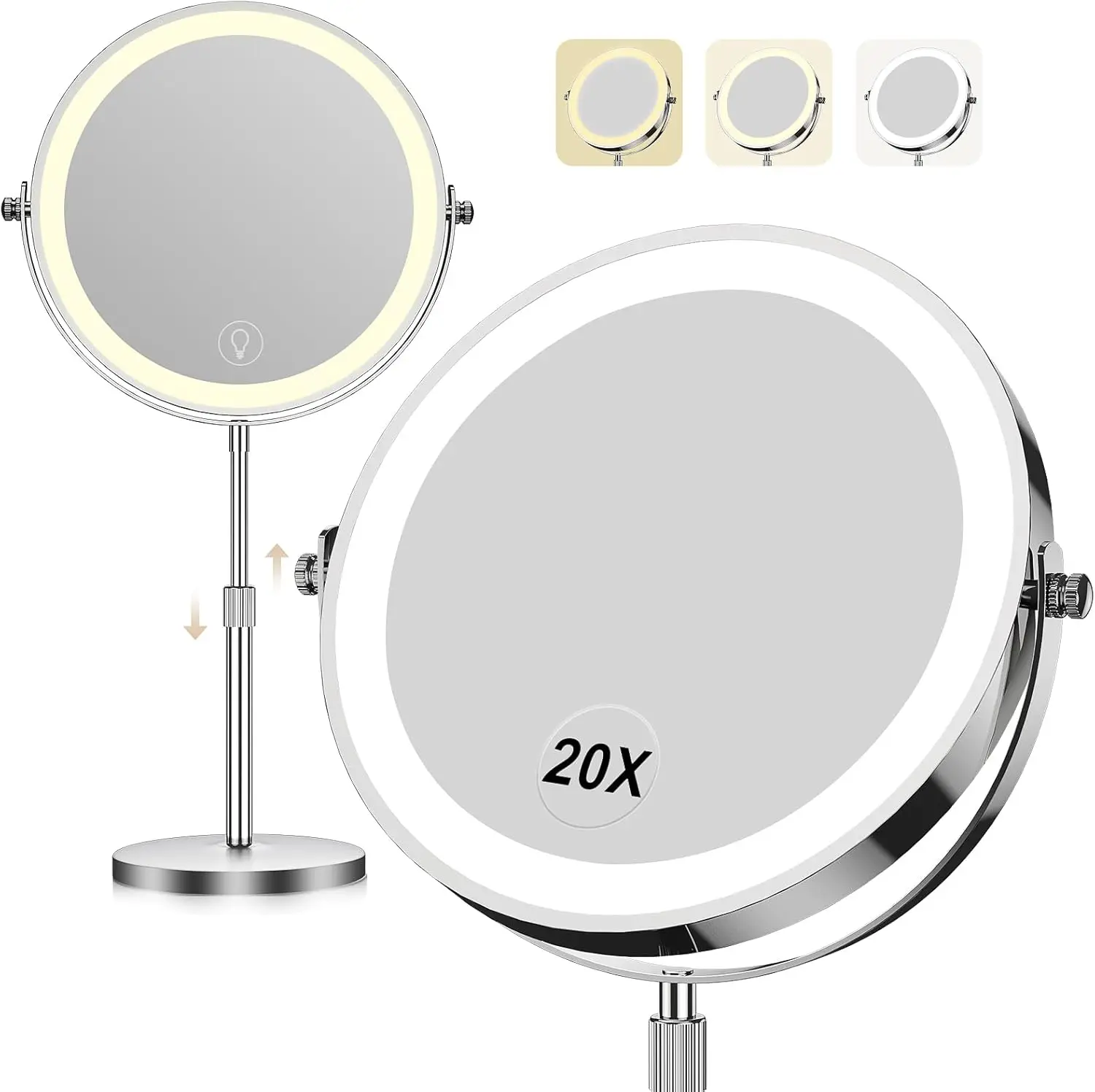 20X Magnification LED Makeup Mirror, 360° Rotation, 3 Color Lights, Dimmable, Rechargeable 5000mAh
20X Magnification LED Makeup Mirror, 360° Rotation, 3 Color Lights, Dimmable, Rechargeable 5000mAh