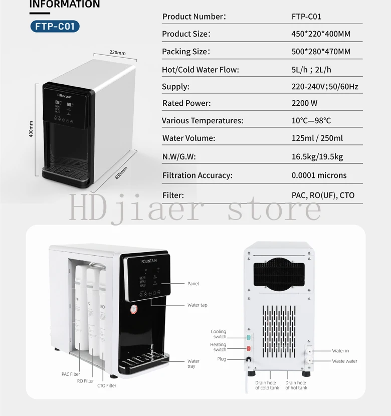 Countertop Reverse Osmosis (RO) Water Dispenser - Hot & Cold Purified Water Filter for Office & Desktop Use
Countertop Reverse Osmosis (RO) Water Dispenser - Hot & Cold Purified Water Filter for Office & Desktop Use
