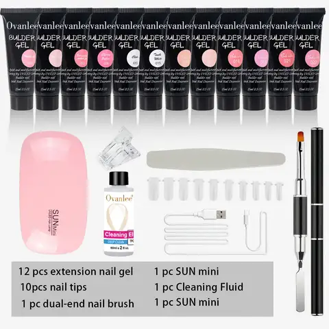 Kit de Gel de Construction d'Ongles Tout-en-Un Ovanlee 18 Pièces – 12 Couleurs de Polygel 15ml avec Mini Lampe UV/LED, Liquide Nettoyant, Capsules d'Ongles et Outils – Ensemble d'Extension et de Renforcement des Ongles DIY Sans Forme