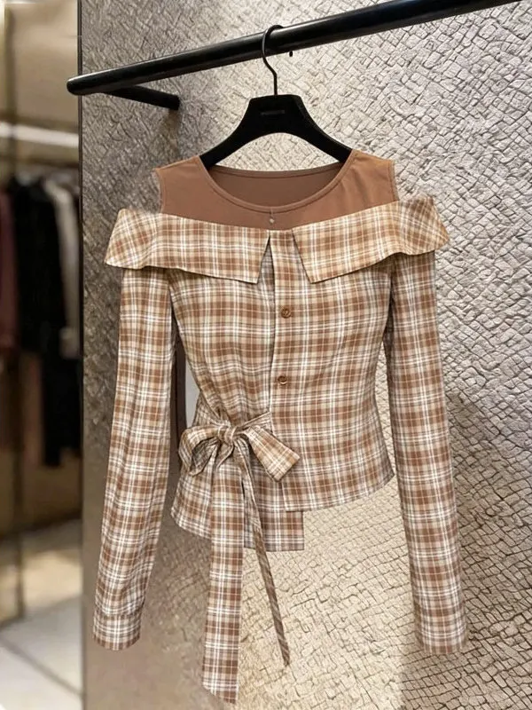 Khaki Plaid Women's Shirt Shoulder Baring Waist Cinching Long Sleeve Commute Style Korean Loose Fit Girls Spring New Arrival
Khaki Plaid Women's Shirt Shoulder Baring Waist Cinching Long Sleeve Commute Style Korean Loose Fit Girls Spring New Arrival