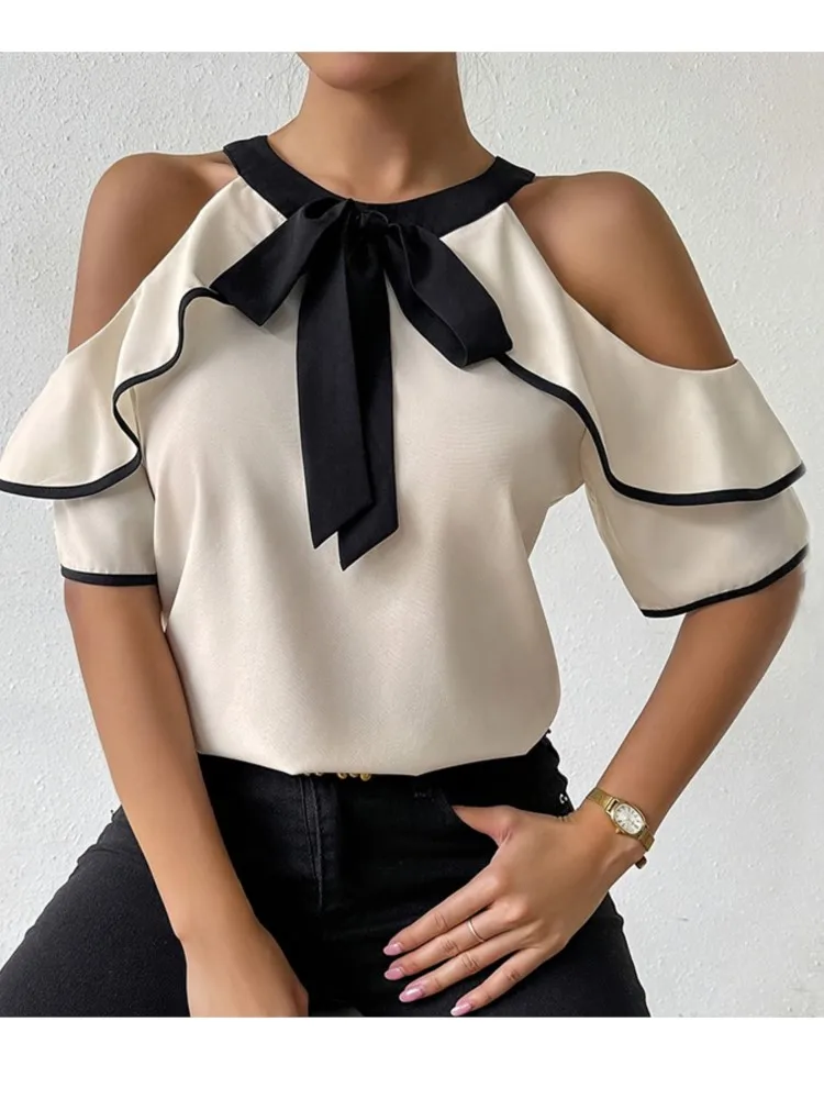 Топ с короткими рукавами, рубашки, блузки, блузки для женщин, повседневные свежие и милые контрастные банты с открытыми плечами и оборками, простой стиль
Топ с короткими рукавами, рубашки, блузки, блузки для женщин, повседневные свежие и милые контрастные банты с открытыми плечами и оборками, простой стиль