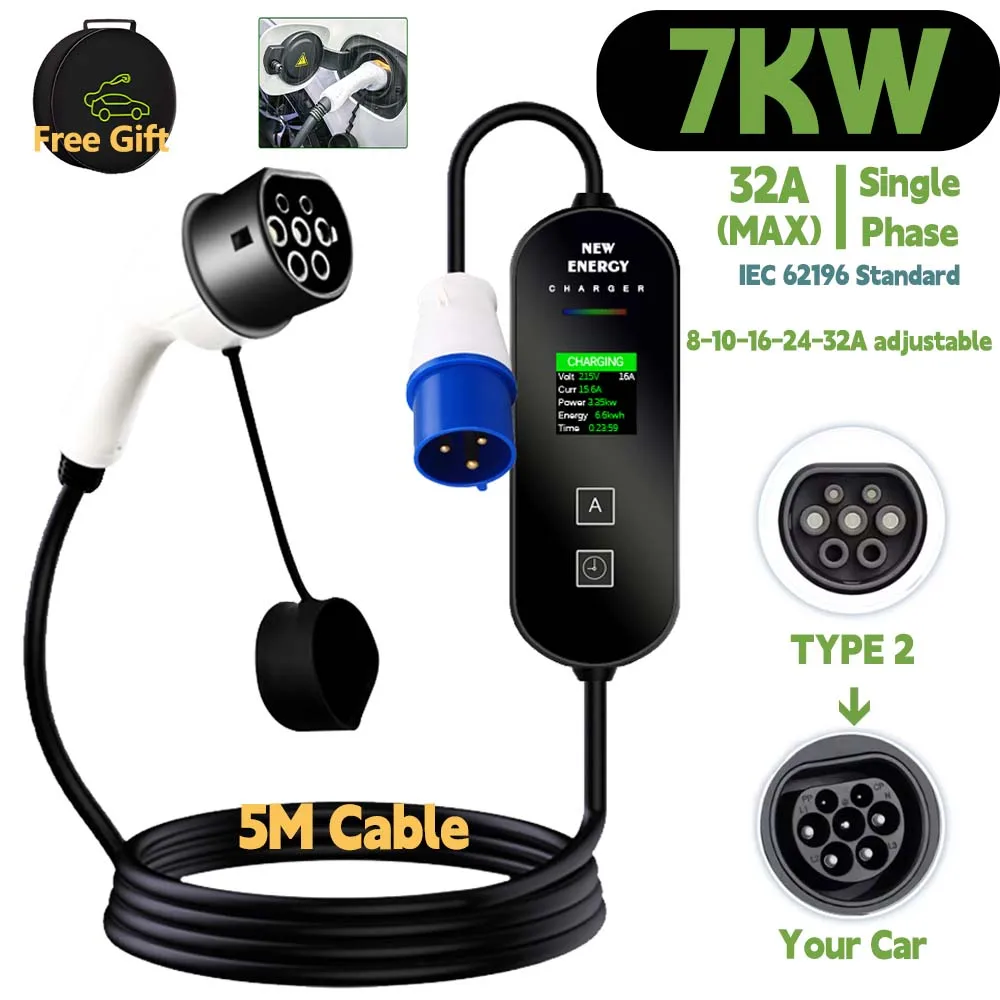 EV Portable 32A 7KW 16A 3.5KW Type2 Charger EU Plug and Charge Pile Electric Vehicle Car Charger 5M Charging Cable Version EVSE
EV Portable 32A 7KW 16A 3.5KW Type2 Charger EU Plug and Charge Pile Electric Vehicle Car Charger 5M Charging Cable Version EVSE