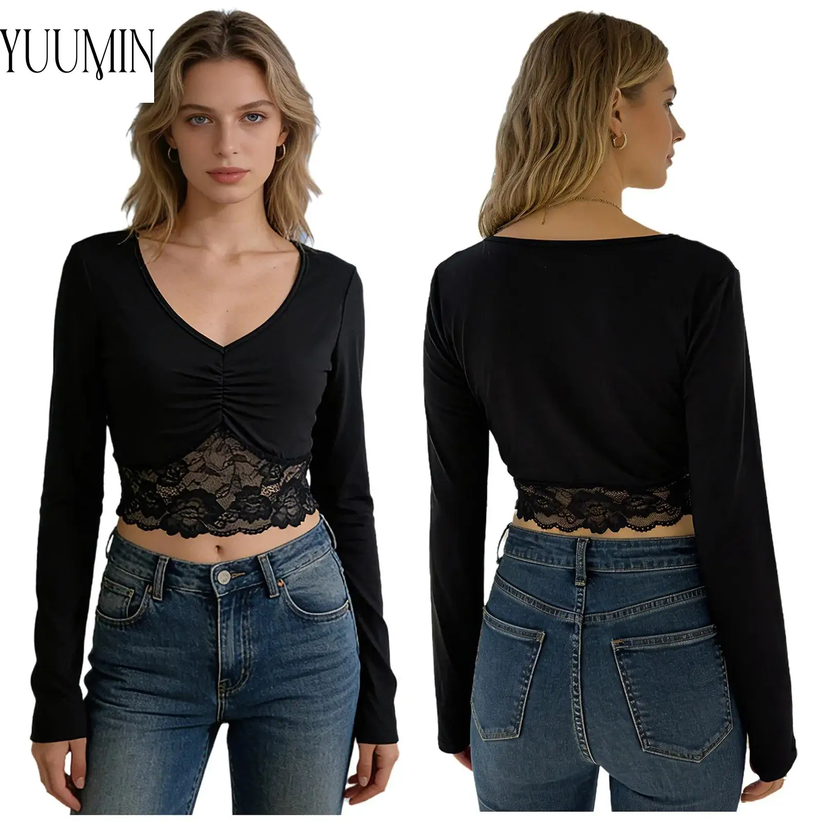 Womens Lace Hem Crop Top Beach Pool Party Wear Ruched V- Neck Long Sleeve T-shirt for Nightclub Dance Yoga Sports Workout Casual
Womens Lace Hem Crop Top Beach Pool Party Wear Ruched V- Neck Long Sleeve T-shirt for Nightclub Dance Yoga Sports Workout Casual