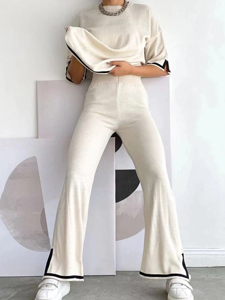 Knit Two Piece Set Pajamas Women Side Split Short Sleeve High Waist Trouser Suits Sleepwear Female Spring Office Ladies Suit
Knit Two Piece Set Pajamas Women Side Split Short Sleeve High Waist Trouser Suits Sleepwear Female Spring Office Ladies Suit