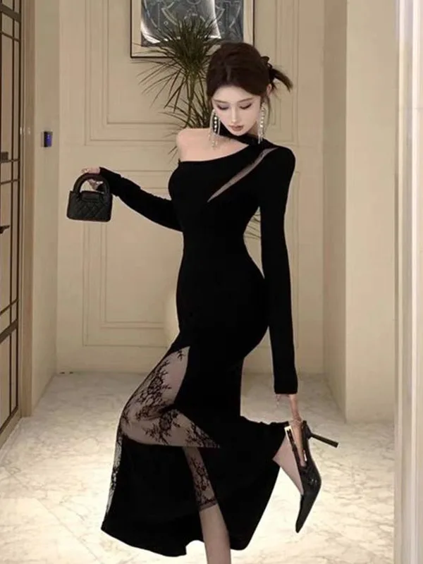 Sexy Black Slim Fit Shoulder Hepburn Style Long Dress Elegant Ladylike Autumn 2025 Fashion Retro Lace Splice mid Waist Gown
Sexy Black Slim Fit Shoulder Hepburn Style Long Dress Elegant Ladylike Autumn 2025 Fashion Retro Lace Splice mid Waist Gown