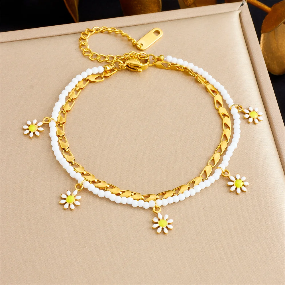 18K Gold Double Layer Daisy Charm Bracelet with White Beads 316L Stainless Steel Women Sweet Floral Jewelry
18K Gold Double Layer Daisy Charm Bracelet with White Beads 316L Stainless Steel Women Sweet Floral Jewelry