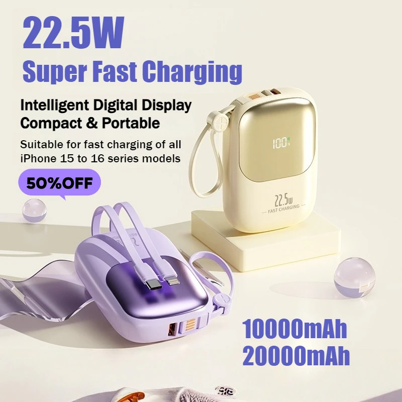 22.5W 10000mAh Mini Fast Charging Power Bank with Built-in Cable Compact and Portable Mobile Charger
22.5W 10000mAh Mini Fast Charging Power Bank with Built-in Cable Compact and Portable Mobile Charger