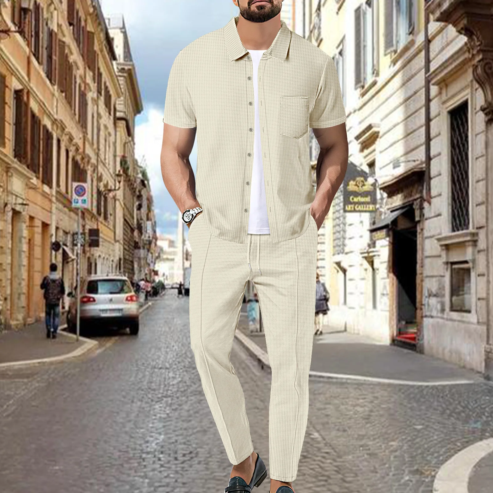 2025 new men's Waffle solid color cardigan pocket short sleeve shirt trousers casual suit
2025 new men's Waffle solid color cardigan pocket short sleeve shirt trousers casual suit