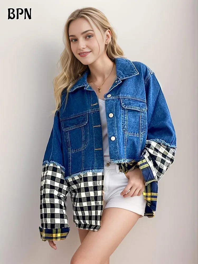 BPN Fashion Patchwork Denim Jackets For Women Lapel Long Sleeve Hit Color Loose Single Breasted Casual Coats Female Clothing New
BPN Fashion Patchwork Denim Jackets For Women Lapel Long Sleeve Hit Color Loose Single Breasted Casual Coats Female Clothing New