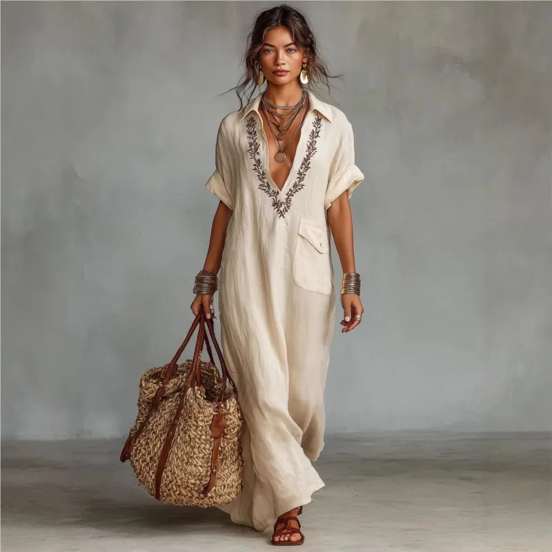 Women's Boho Floral Print V-Neck Maxi Dress Short Sleeve Loose Fit Casual Beach Kaftan Dress With Pocket Summer Long Dresses
Women's Boho Floral Print V-Neck Maxi Dress Short Sleeve Loose Fit Casual Beach Kaftan Dress With Pocket Summer Long Dresses