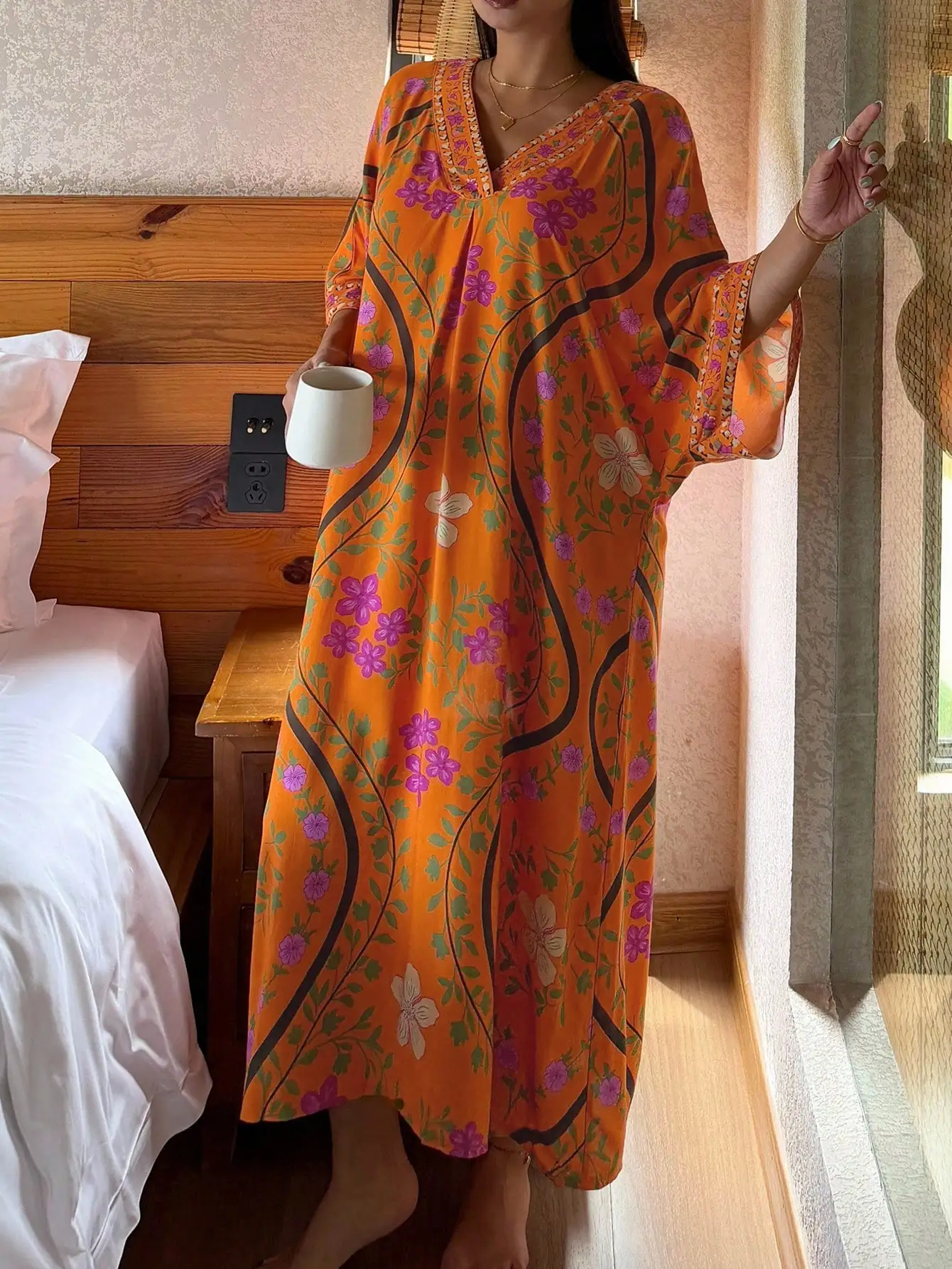 Orange Floral Print V-Neck Loose Women's Nightgown, Long Sleeve, Summer
Orange Floral Print V-Neck Loose Women's Nightgown, Long Sleeve, Summer