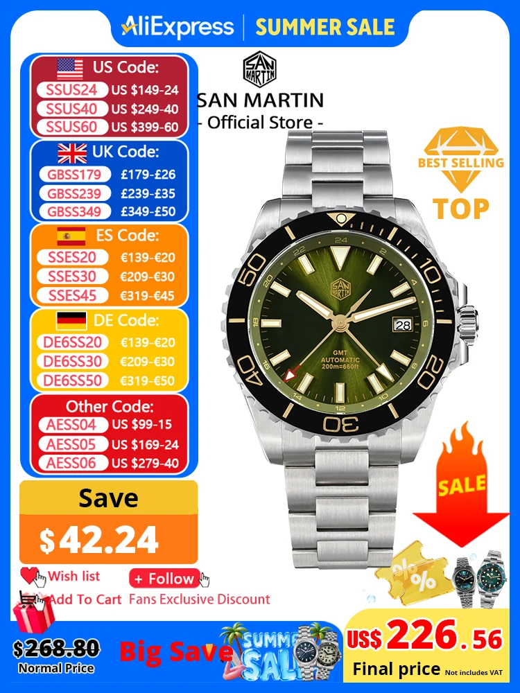 San Martin 39mm Diver GMT Watch Enamel Dial NH34 Stainless Steel Luxury Men Watch Automatic Mechanical Sapphire Luminous SN0136
San Martin 39mm Diver GMT Watch Enamel Dial NH34 Stainless Steel Luxury Men Watch Automatic Mechanical Sapphire Luminous SN0136