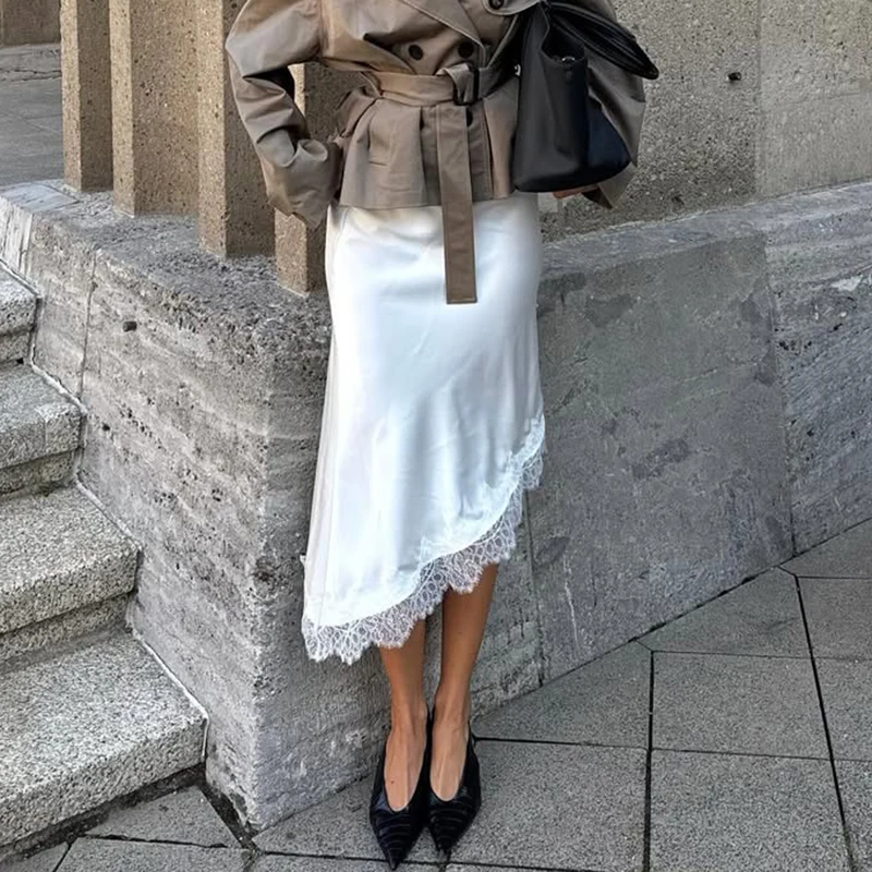 Satin Lace Skirt Women Summer Elegant Irregular Lace Trim Mini Skirt Vintage Elastic Waist Flowy A Line Long Skirts Y2k
Satin Lace Skirt Women Summer Elegant Irregular Lace Trim Mini Skirt Vintage Elastic Waist Flowy A Line Long Skirts Y2k
