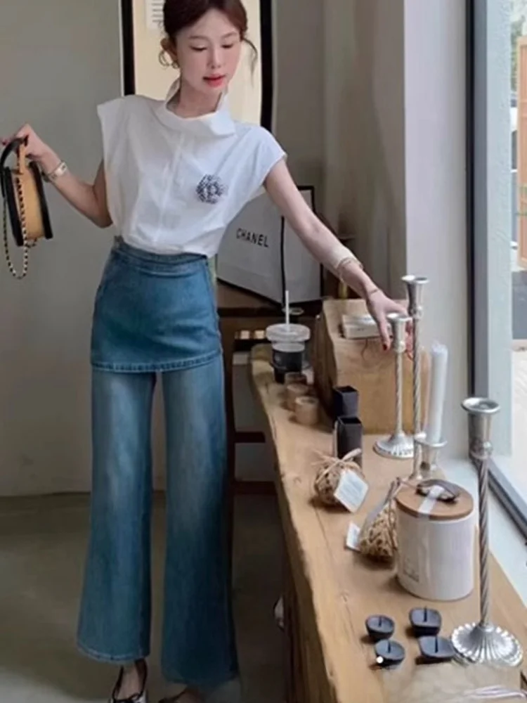 Chic White Shirt Blue Leather Curtain Denim Jeans Set Women Summer Fashion Two-Piece Suit round Neck Short Sleeve Casual Outfit
Chic White Shirt Blue Leather Curtain Denim Jeans Set Women Summer Fashion Two-Piece Suit round Neck Short Sleeve Casual Outfit