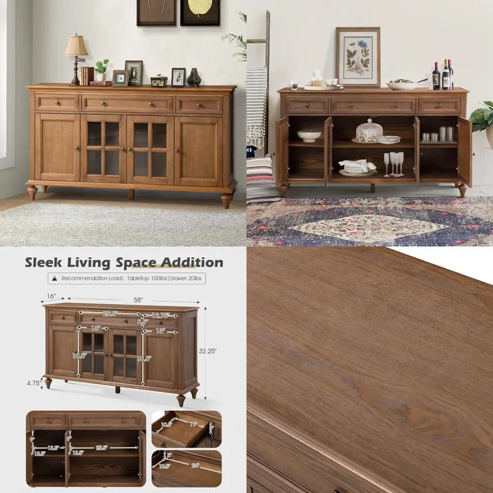 Traditional 58 Sideboard Storage Cabinet with 3 Drawers and 4 Doors, Console Cabinet Featuring Rhombic Alloy Accents
Traditional 58 Sideboard Storage Cabinet with 3 Drawers and 4 Doors, Console Cabinet Featuring Rhombic Alloy Accents