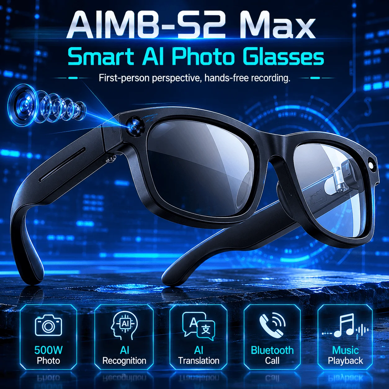 AIMB S2 Max Smart Glasses 5MP HD Camera AI Translation Video Recording Voice Bluetooth Music Call Wearable Sunglasses
AIMB S2 Max Smart Glasses 5MP HD Camera AI Translation Video Recording Voice Bluetooth Music Call Wearable Sunglasses