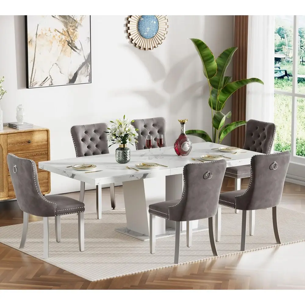 7-Piece Expandable Marble Grain Dining Table Set with 6 Grey Tufted Chairs
7-Piece Expandable Marble Grain Dining Table Set with 6 Grey Tufted Chairs