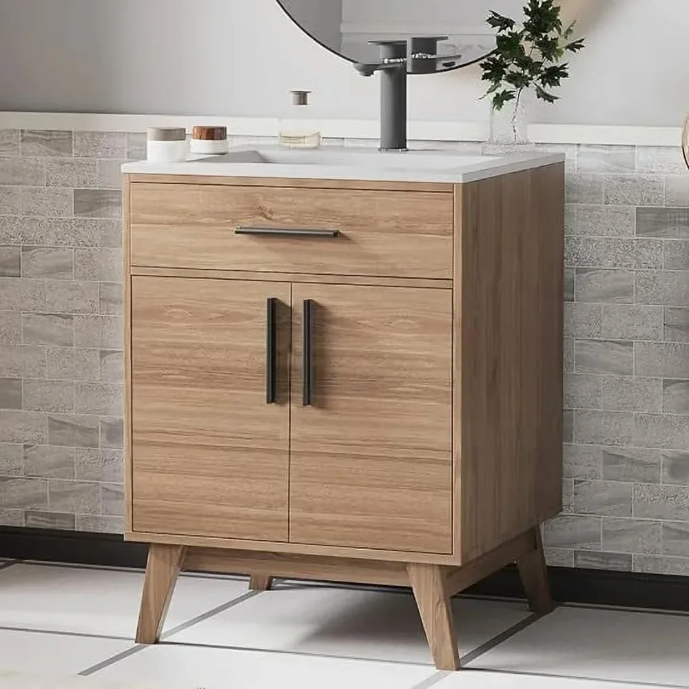 Mid-Century Small Bathroom Vanity with Sink, 25" Floor Bathroom Vanity Storage Cabinet with 2 Soft-Close Doors & Metal Handles
Mid-Century Small Bathroom Vanity with Sink, 25" Floor Bathroom Vanity Storage Cabinet with 2 Soft-Close Doors & Metal Handles