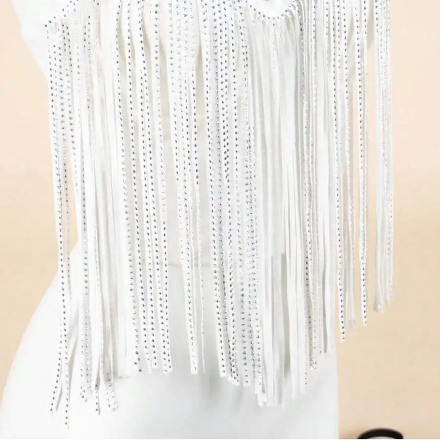 White Fringed Strapless Top With Rhinestone Embellishments For Women Evening Outfit
White Fringed Strapless Top With Rhinestone Embellishments For Women Evening Outfit