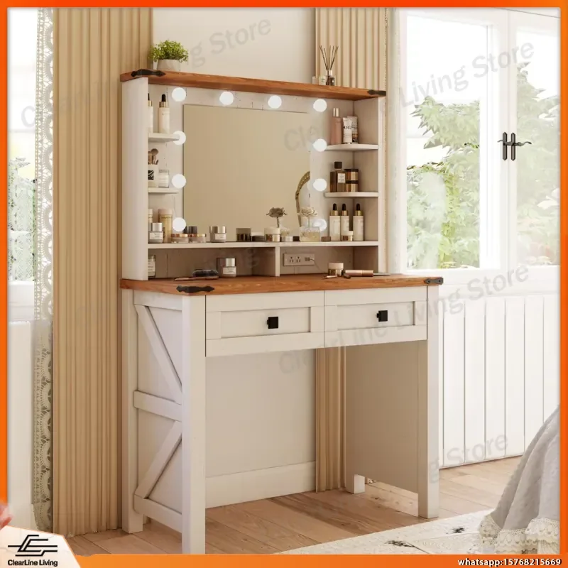 Small Wooden Vanity Desk with Mirror LED Lights Storage Drawers Charging Station for Women Bedroom Small Space Makeup Table
Small Wooden Vanity Desk with Mirror LED Lights Storage Drawers Charging Station for Women Bedroom Small Space Makeup Table