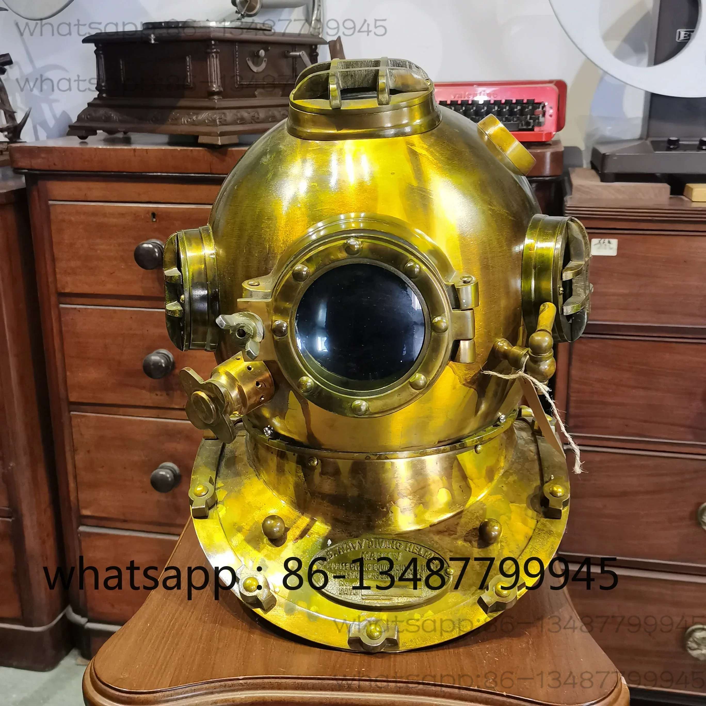 Featuring antique and retro US Navy diving helmet, antique copper metal hat, 18 inch large ornament
Featuring antique and retro US Navy diving helmet, antique copper metal hat, 18 inch large ornament