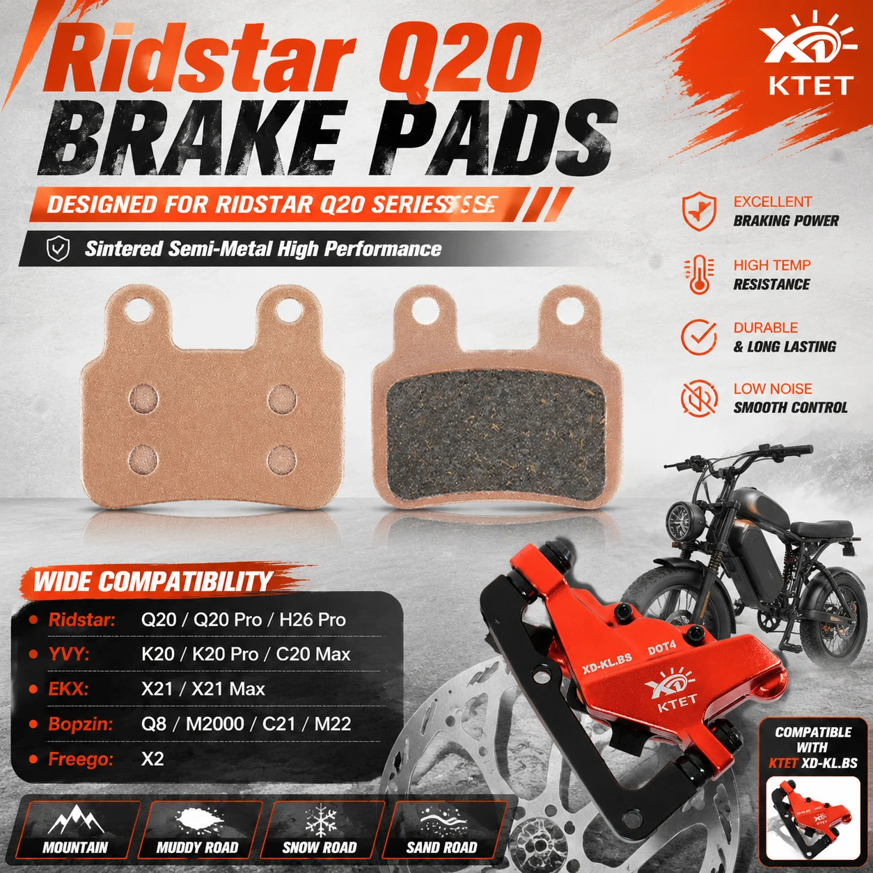 Ridstar Q20 Brake Pads Semi-Metallic Silent Braking for YVY EKX Bopzin Freego KTET XD-KL.BS Ebike Front Rear
Ridstar Q20 Brake Pads Semi-Metallic Silent Braking for YVY EKX Bopzin Freego KTET XD-KL.BS Ebike Front Rear