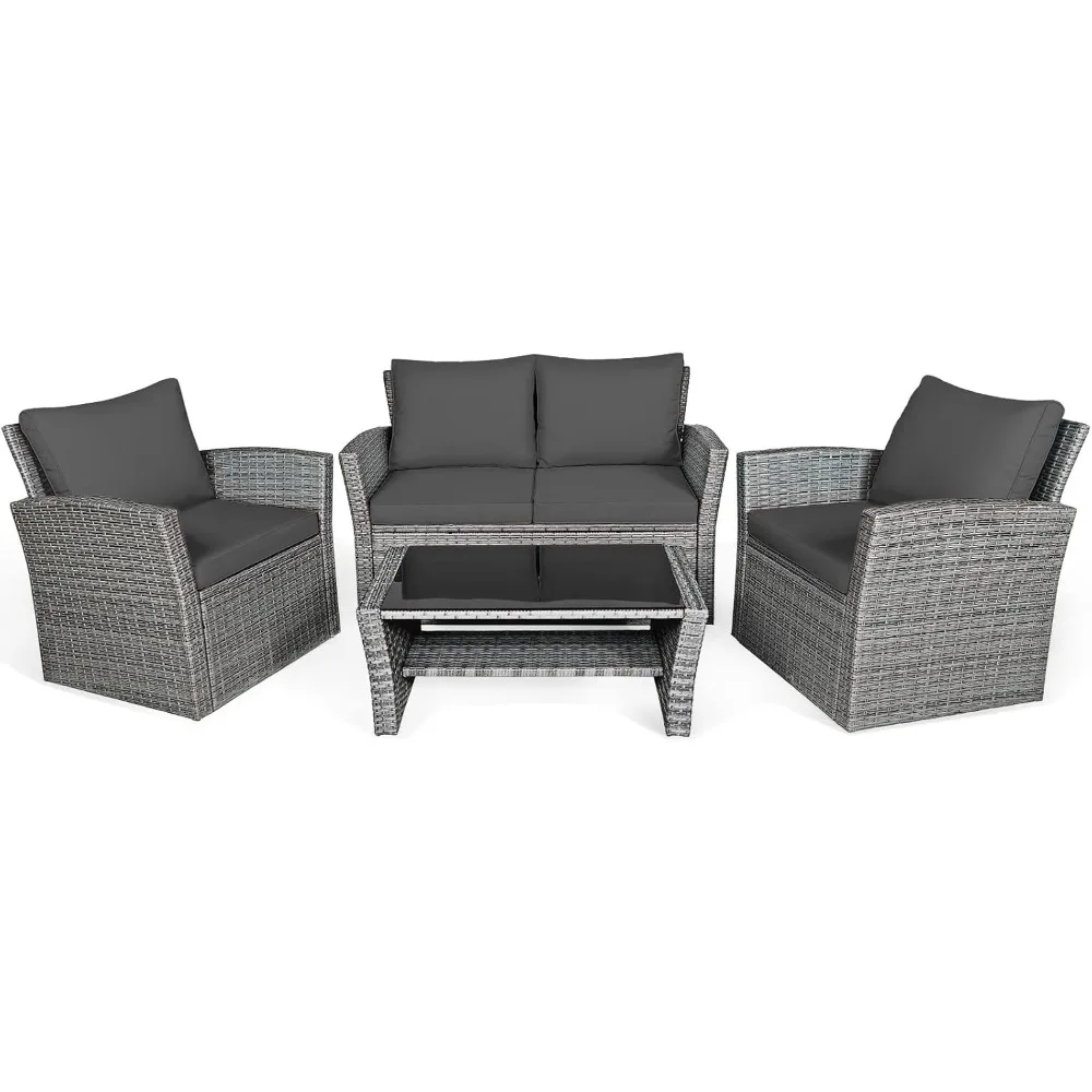 4 Pieces Patio Rattan Furniture Set, Outdoor Wicker Sofa Set with Tempered Glass Coffee Table, Cushions, All Weather Rattan Con
4 Pieces Patio Rattan Furniture Set, Outdoor Wicker Sofa Set with Tempered Glass Coffee Table, Cushions, All Weather Rattan Con