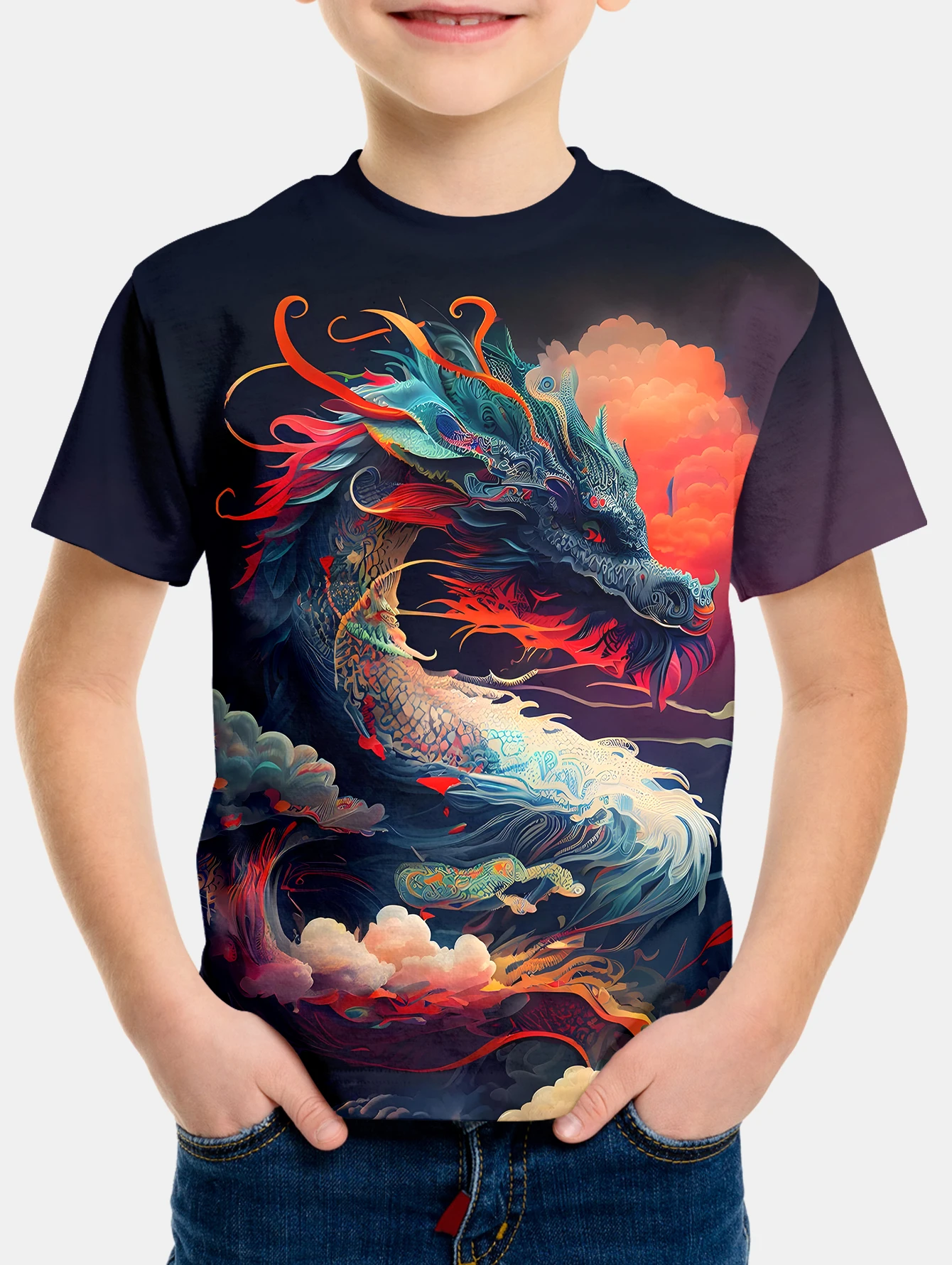 Boys'Chinese Loong summer round neck short sleeved T-shirt, casual lightweight and comfortable top, 3D printed
Boys'Chinese Loong summer round neck short sleeved T-shirt, casual lightweight and comfortable top, 3D printed