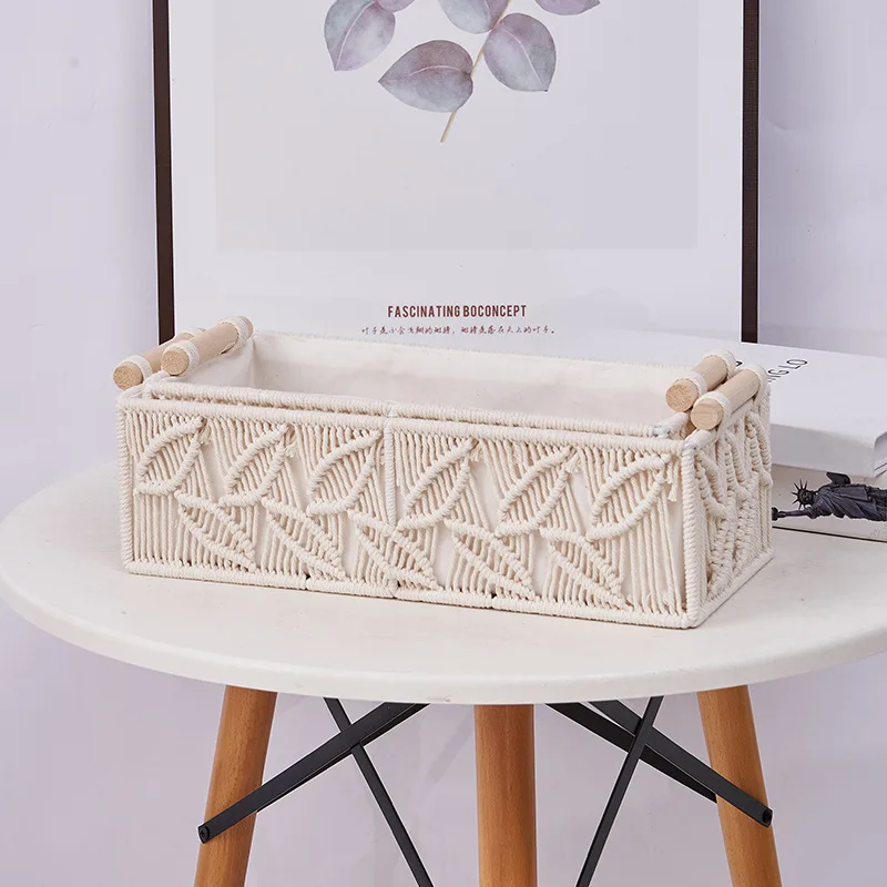 Bohemian Macrame Storage Basket with Wooden Handles Rectangular Woven Organizer for Home Decor & Cosmetics Storage
Bohemian Macrame Storage Basket with Wooden Handles Rectangular Woven Organizer for Home Decor & Cosmetics Storage