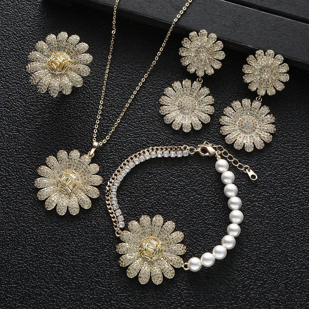 Luxury 4pcs Set Sunflower Flower Pearl Necklace Earring Bracelet Ring Full Cubic Zircon Tennis Chain Dubai Women Jewelry A0169
Luxury 4pcs Set Sunflower Flower Pearl Necklace Earring Bracelet Ring Full Cubic Zircon Tennis Chain Dubai Women Jewelry A0169