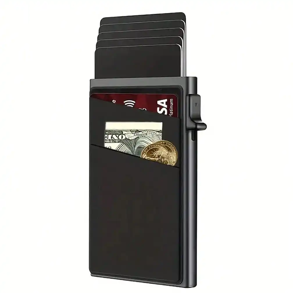 Ultra-Slim RFID Blocking Wallet Credit Card Holder For Men - Automatic Pop-Up Card Holder With Money Pocket, Aluminum Alloy Minimalist Business Anti-Degaussing Credit Card Case For Notes, Coins, And Debit Cards Small Wallet, Money Clips
Ultra-Slim RFID Blocking Wallet Credit Card Holder For Men - Automatic Pop-Up Card Holder With Money Pocket, Aluminum Alloy Minimalist Business Anti-Degaussing Credit Card Case For Notes, Coins, And Debit Cards Small Wallet, Money Clips