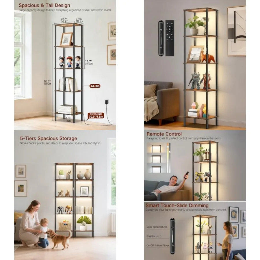 Tall Display Shelves with LED Lights, Touch and Remote Control, Dimmable Display Cabinet, Open Bookshelf with 3 Color Temperatu
Tall Display Shelves with LED Lights, Touch and Remote Control, Dimmable Display Cabinet, Open Bookshelf with 3 Color Temperatu