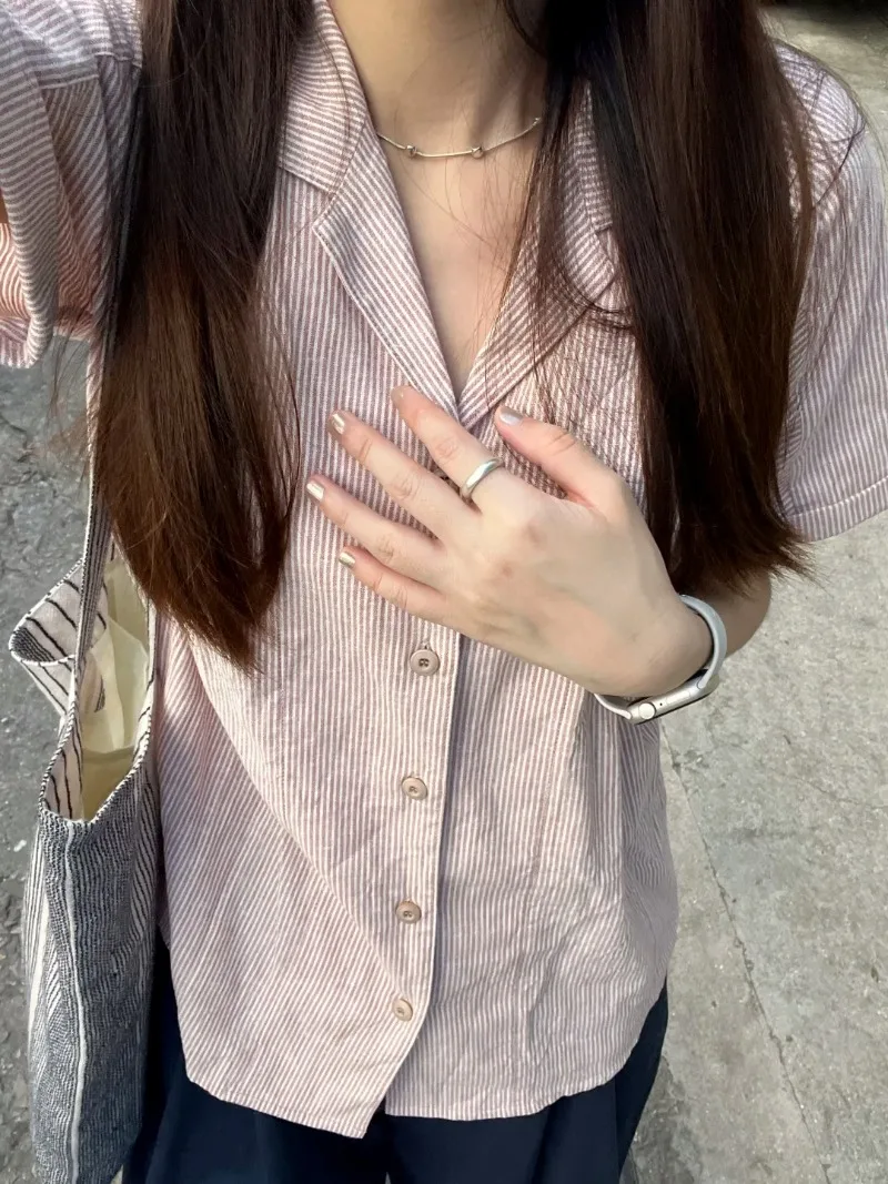 Loose Sweet Pink Striped Camisas Preppy Style Short Sleeve Women Shirts Summer Casual Chic Chemise Femme Y2k V Neck
Loose Sweet Pink Striped Camisas Preppy Style Short Sleeve Women Shirts Summer Casual Chic Chemise Femme Y2k V Neck