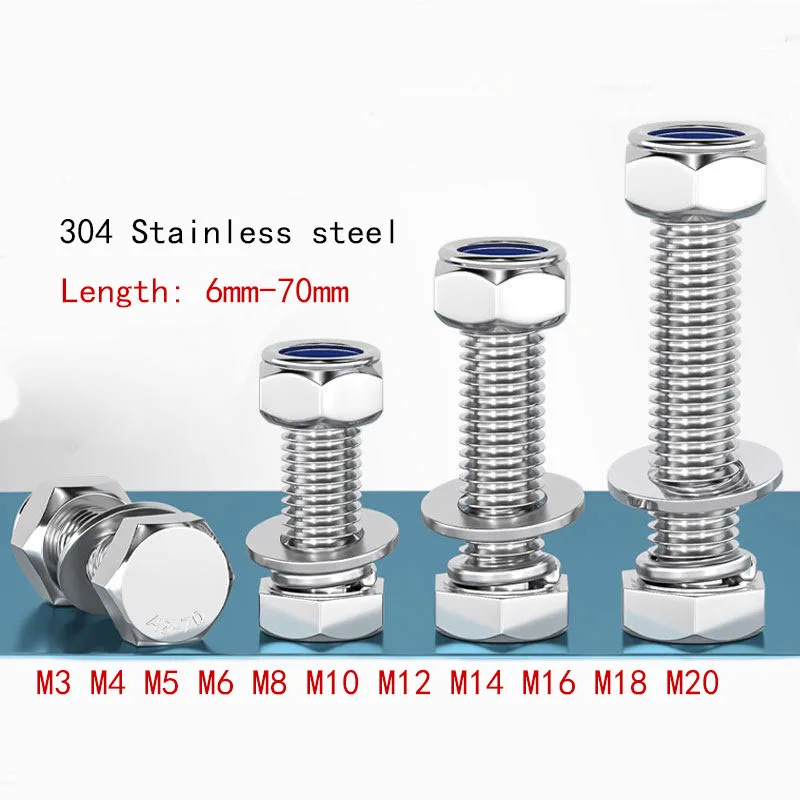 304 Stainless Steel Hex Head Bolt and Lock Nut Washer Kit, anti Loosening Screw Ribbon Washer M3 M4 M5 M6 M8 M10 M12M14M16M18M20
304 Stainless Steel Hex Head Bolt and Lock Nut Washer Kit, anti Loosening Screw Ribbon Washer M3 M4 M5 M6 M8 M10 M12M14M16M18M20