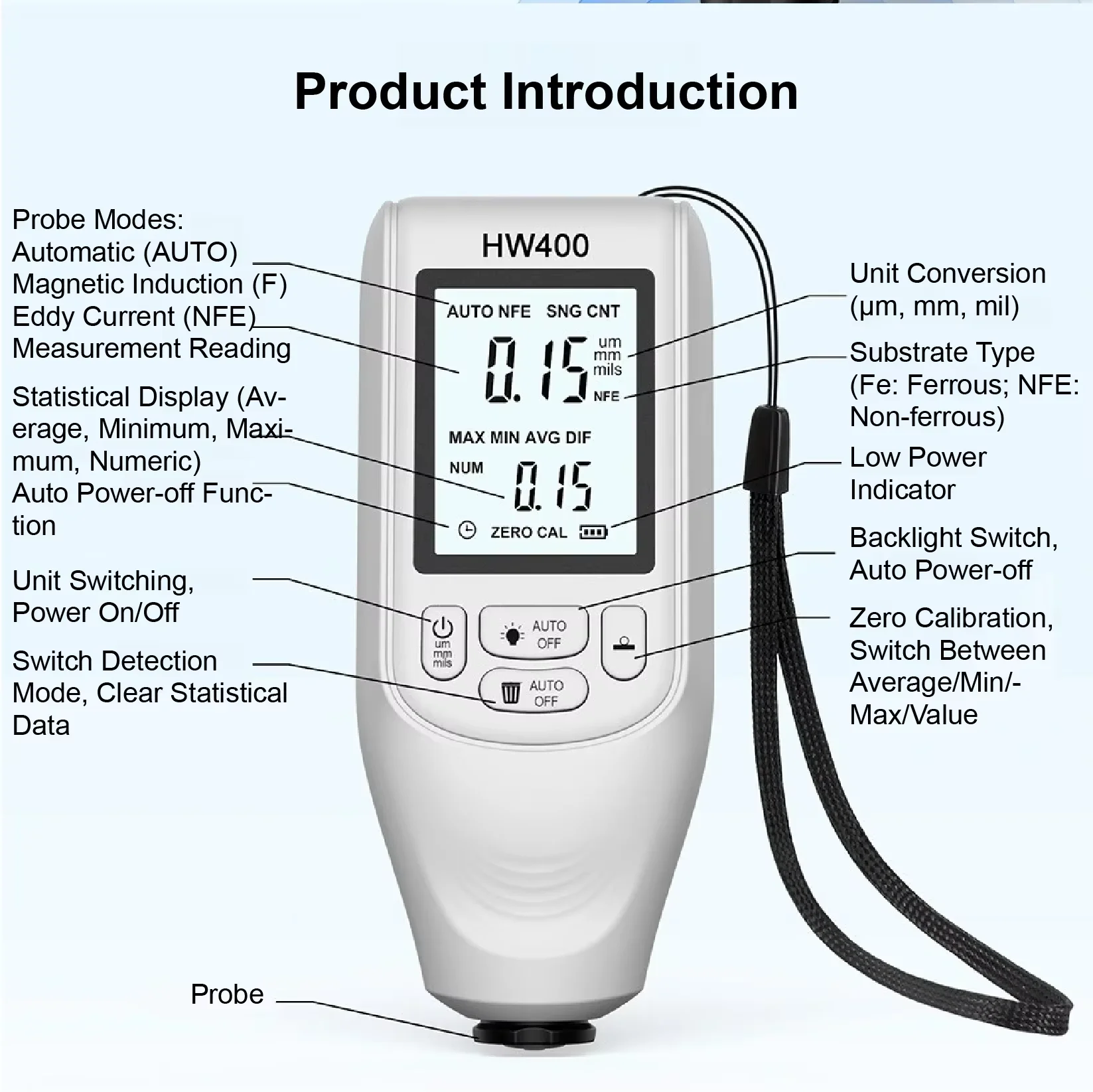 HW-400 Thickness Gauge High Precision Industrial Iron and Aluminum Coating Thickness Gauge, Automotive Paint Thickness Gauge
HW-400 Thickness Gauge High Precision Industrial Iron and Aluminum Coating Thickness Gauge, Automotive Paint Thickness Gauge