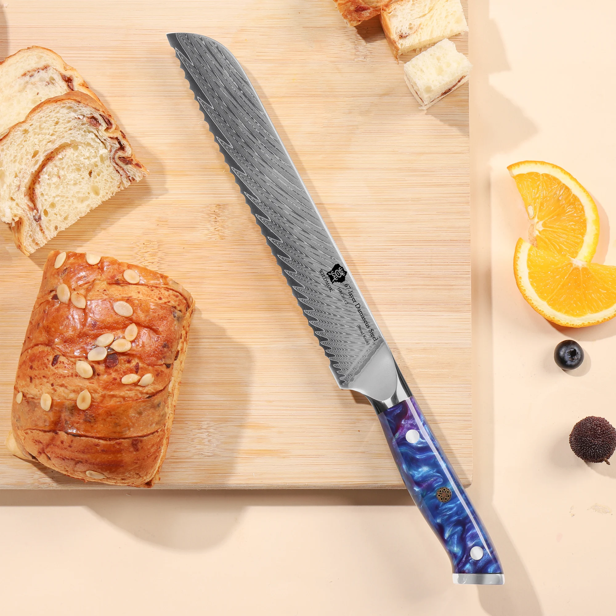 WILDMOK Serrated Bread Knife, 8" 67 Layer Damascus Steel Bread Knife, Ergonomic Strong durable blue resin handle with Gift Box
WILDMOK Serrated Bread Knife, 8" 67 Layer Damascus Steel Bread Knife, Ergonomic Strong durable blue resin handle with Gift Box