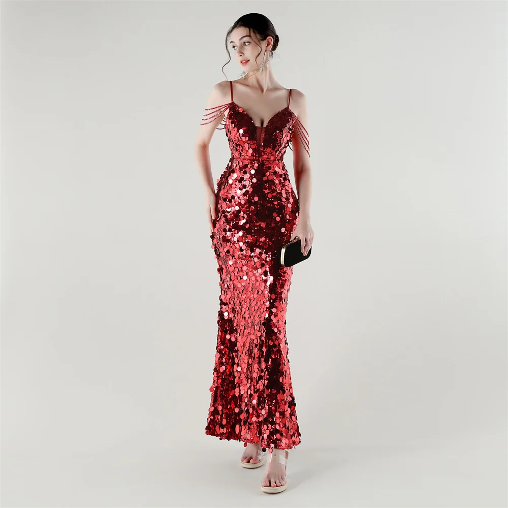 Burgundy Mermaid Prom Gown with Spaghetti Straps V-Neck Sequin Beading Sleeves for Women Elegant Formal Dress Evening Wear
Burgundy Mermaid Prom Gown with Spaghetti Straps V-Neck Sequin Beading Sleeves for Women Elegant Formal Dress Evening Wear