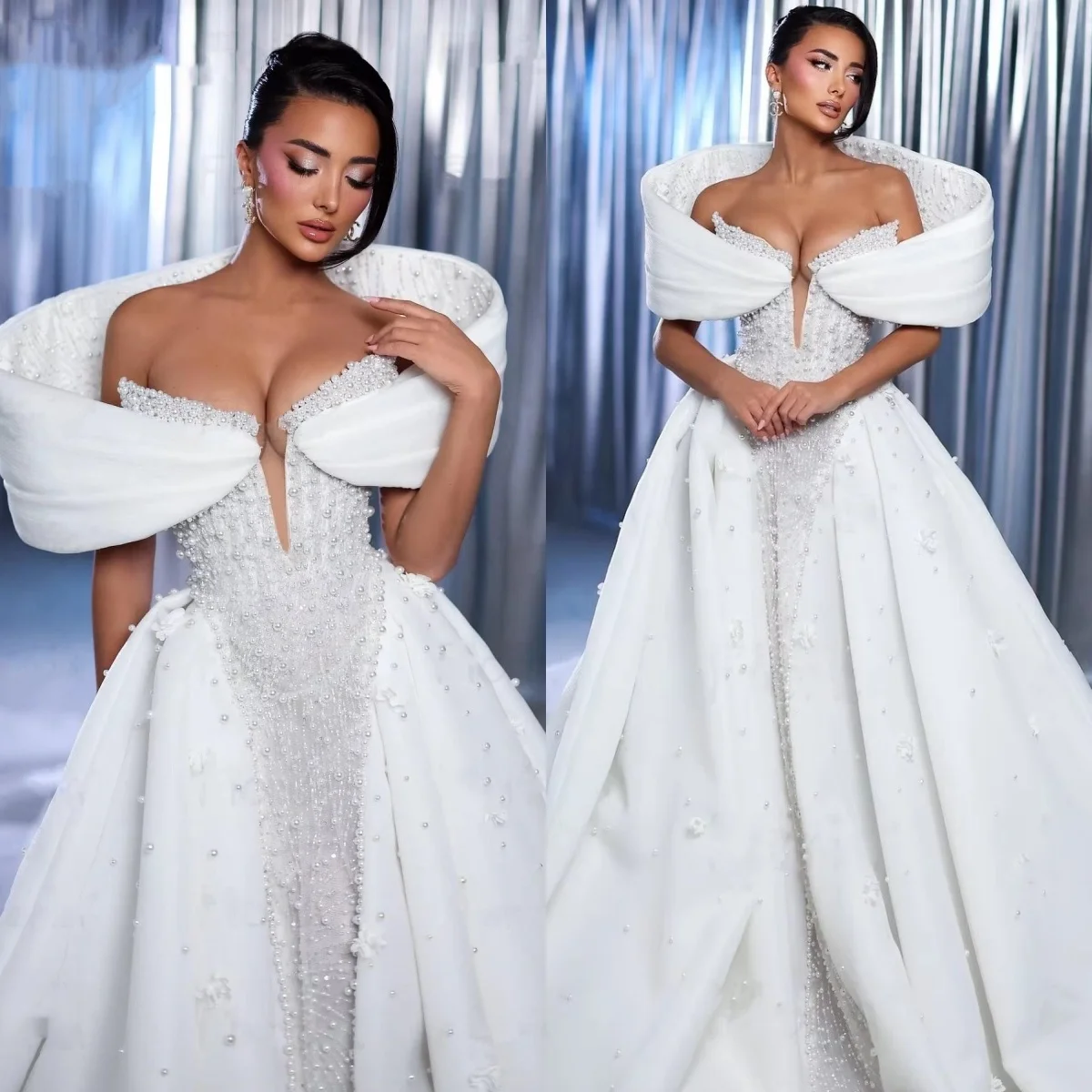 Exquisite Wedding Dresses Pearls Sequins A Line Bridal Gowns with 3D Flowers V Neck Customized Princess Sweep Train Bride Dress
Exquisite Wedding Dresses Pearls Sequins A Line Bridal Gowns with 3D Flowers V Neck Customized Princess Sweep Train Bride Dress