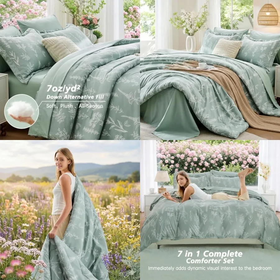 Queen Comforter Set 7 Pieces, Sage Bed in a Bag Queen Reversible Botanical s Design, Ultra Soft Breathable Bedding Sets with Co
Queen Comforter Set 7 Pieces, Sage Bed in a Bag Queen Reversible Botanical s Design, Ultra Soft Breathable Bedding Sets with Co