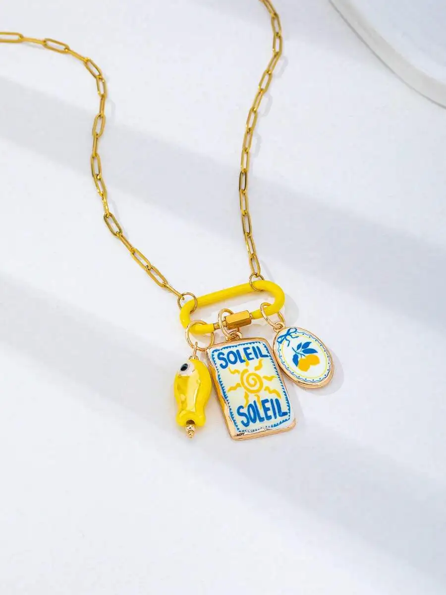 Enamel Charm Necklace With Lemon Fish And Soleil Pendant Paperclip Chain Summer Boho Jewelry For Women
Enamel Charm Necklace With Lemon Fish And Soleil Pendant Paperclip Chain Summer Boho Jewelry For Women